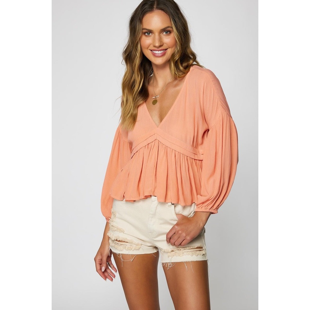 O'Neill Mary Ruffle Boho Top 3/4 Balloon Sleeve V-Neck Swing Style Peach Large